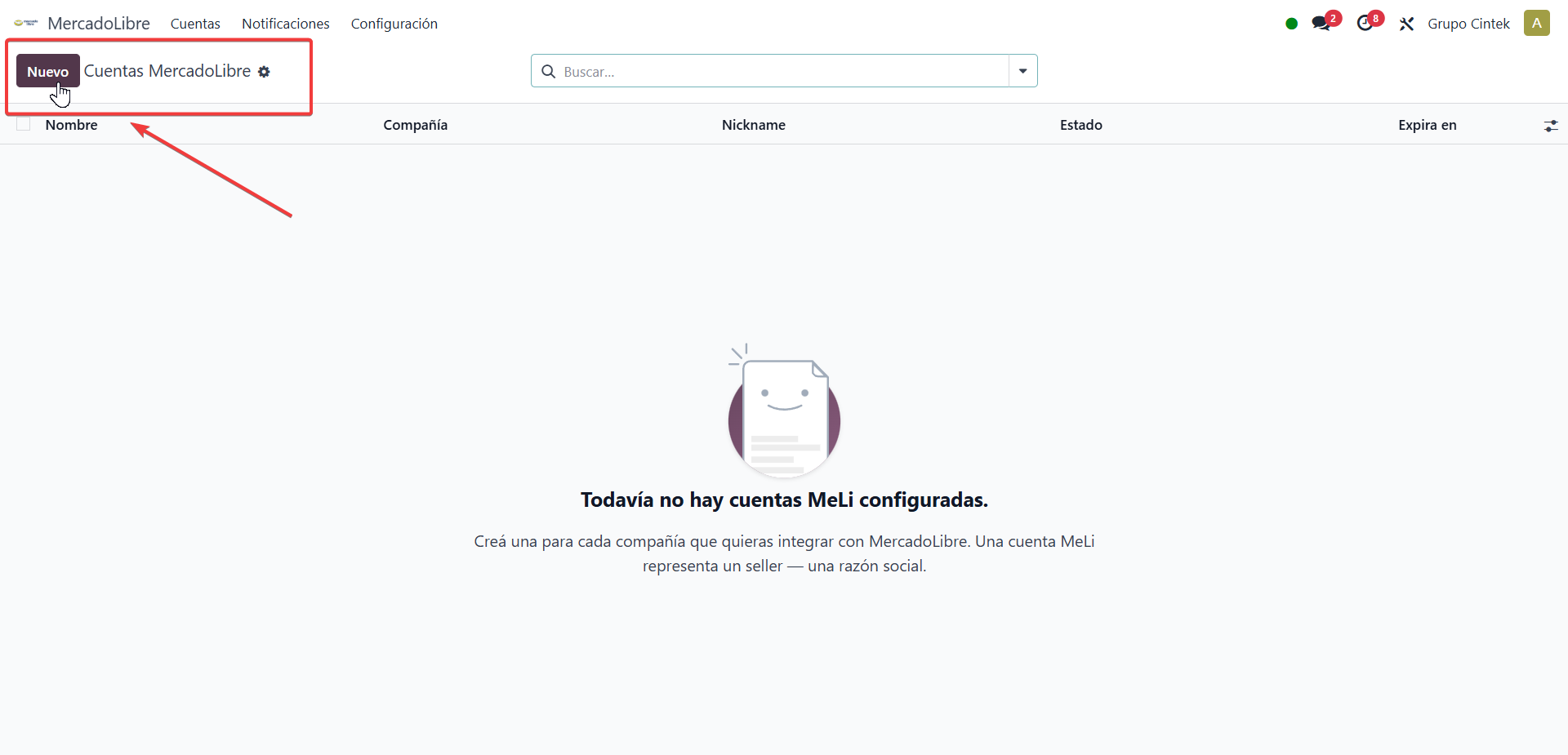 Formulario de cuenta con el botón Conectar con MercadoLibre