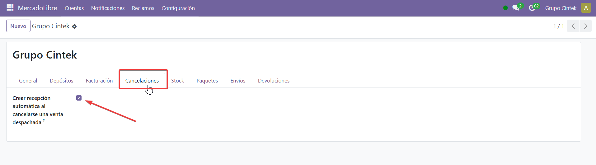 Pestaña Cancelaciones en Configuración