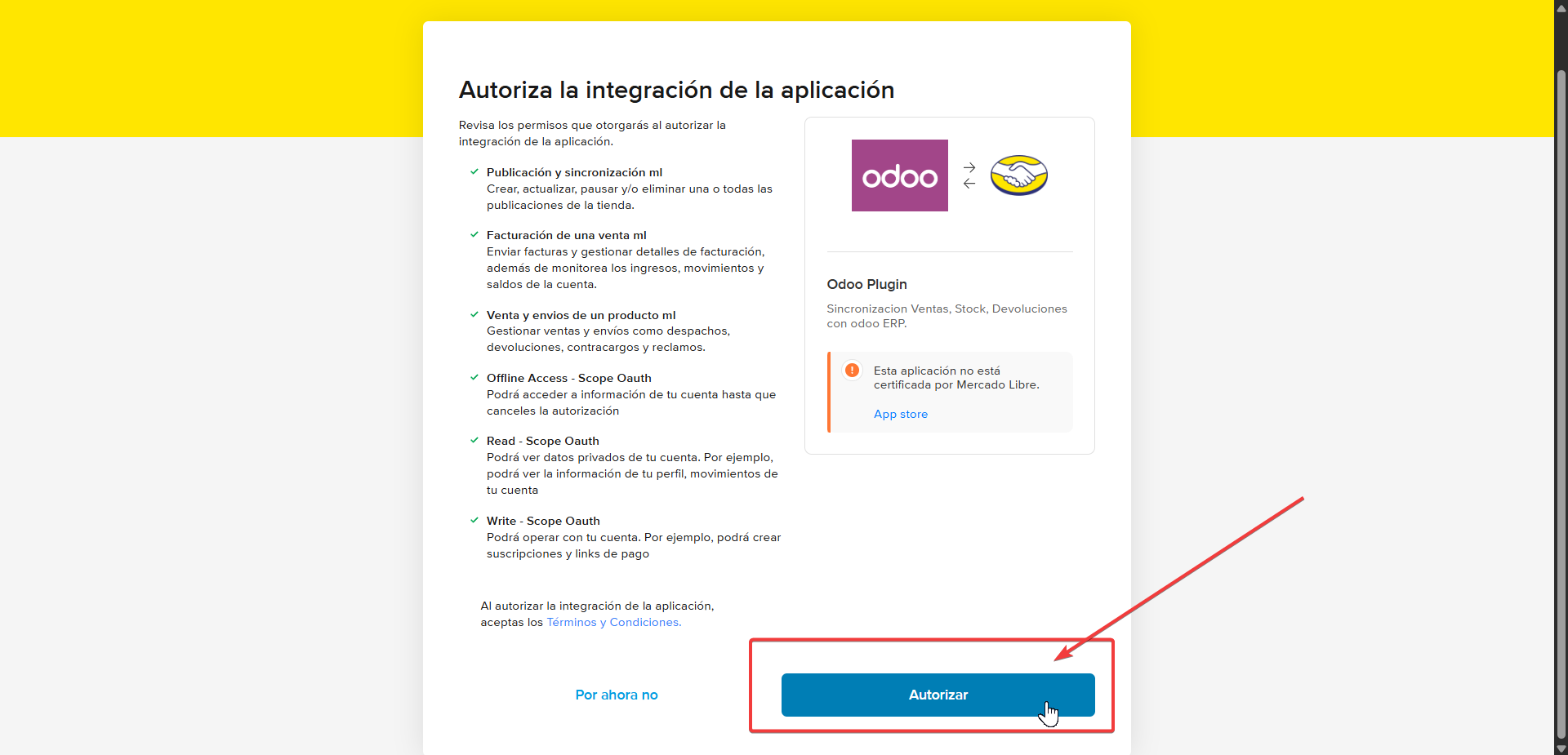 Pantalla de autorización de MercadoLibre con el botón Autorizar