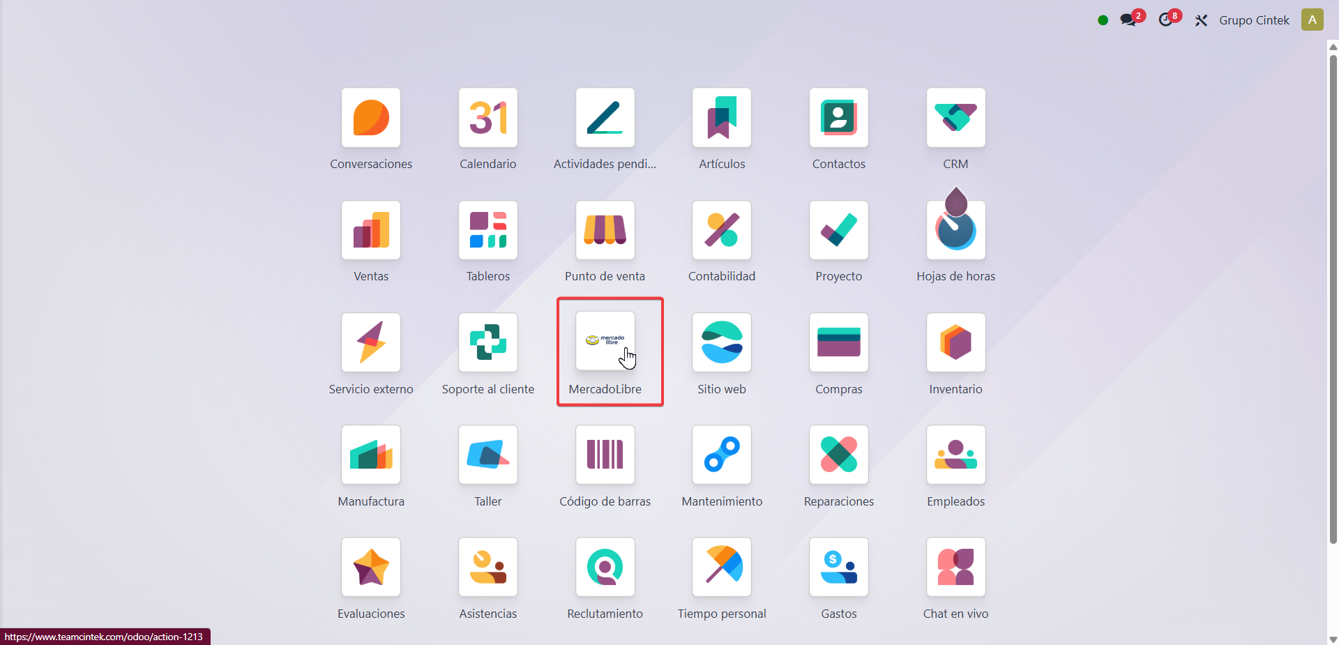Ícono de la aplicación MercadoLibre en el menú principal de Odoo