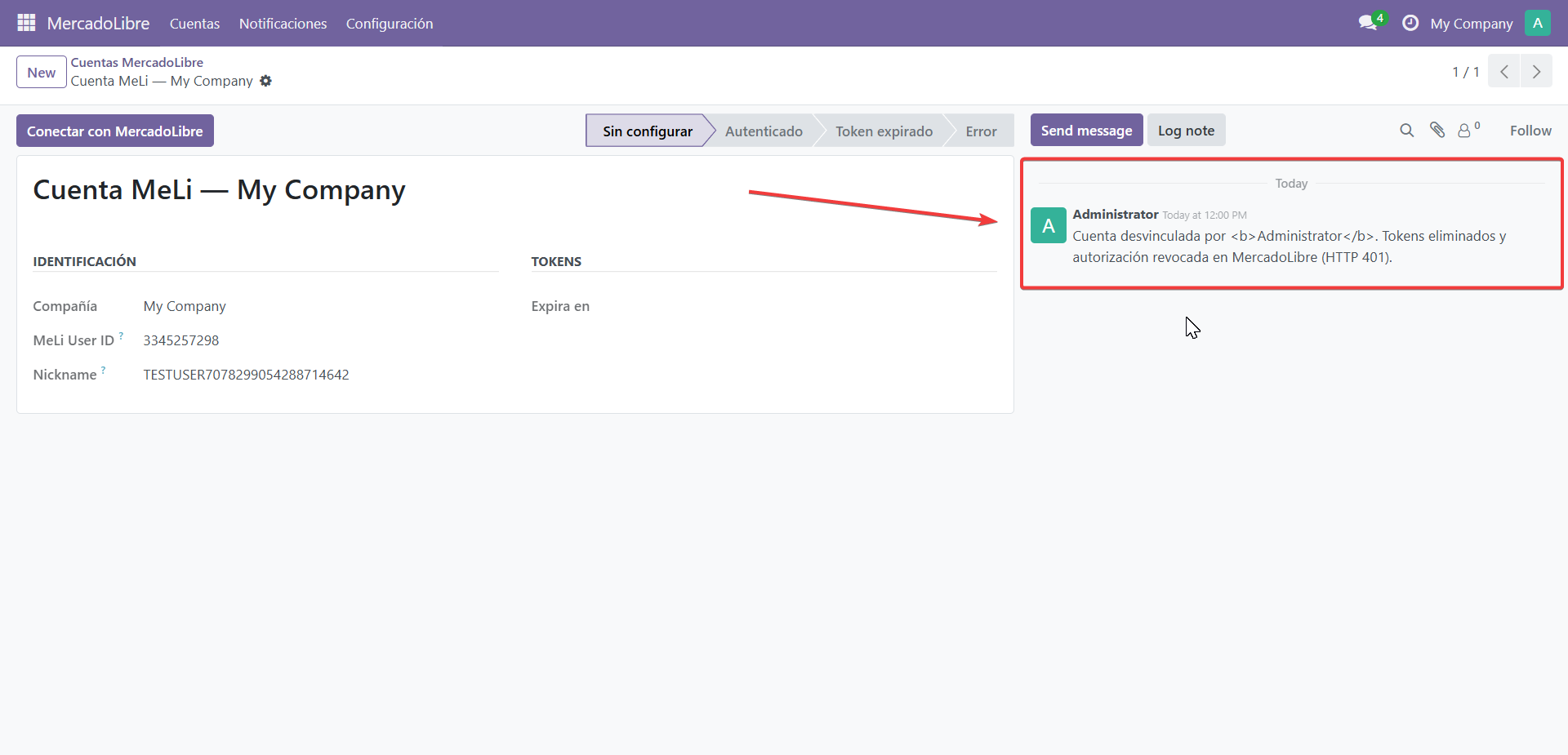 Notificación de cuenta desvinculada en el registro de actividad