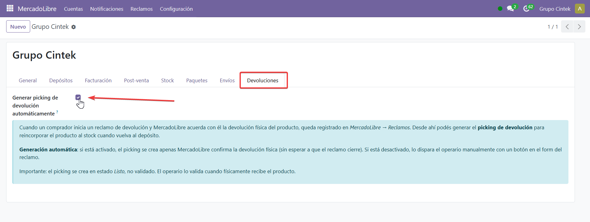 Pestaña Devoluciones en Configuración