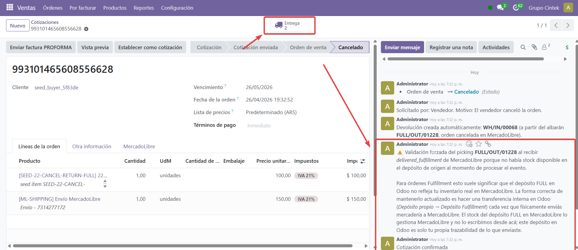 Form de orden de venta con la advertencia de validación forzada en el chatter