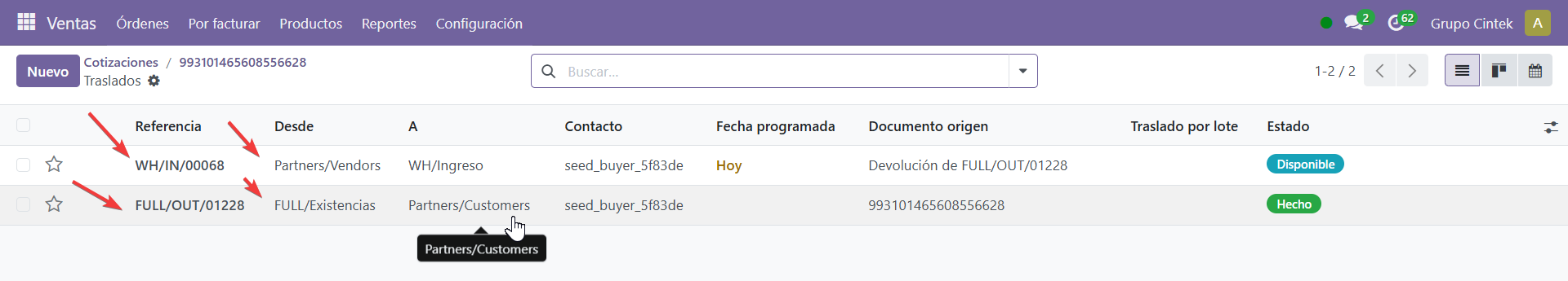 Movimientos del picking de devolución en el depósito
