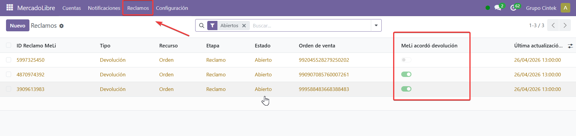 Listado de reclamos