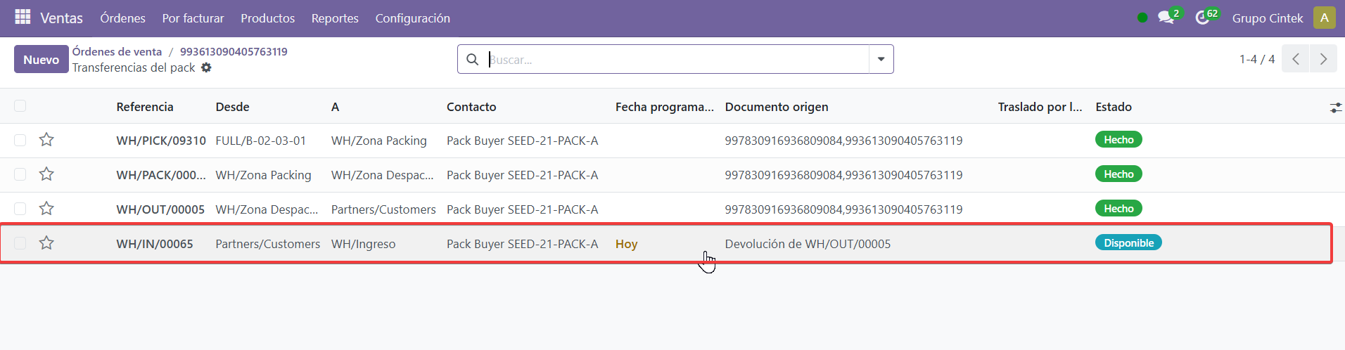 Transferencias del pack incluyendo la devolución