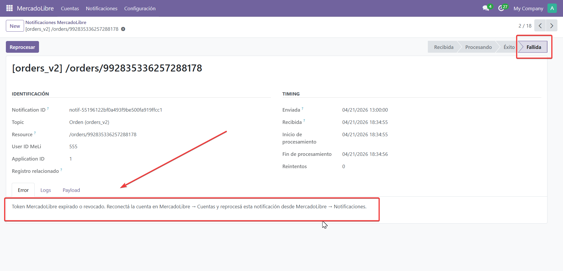 Detalle de notificación con el botón Reprocesar