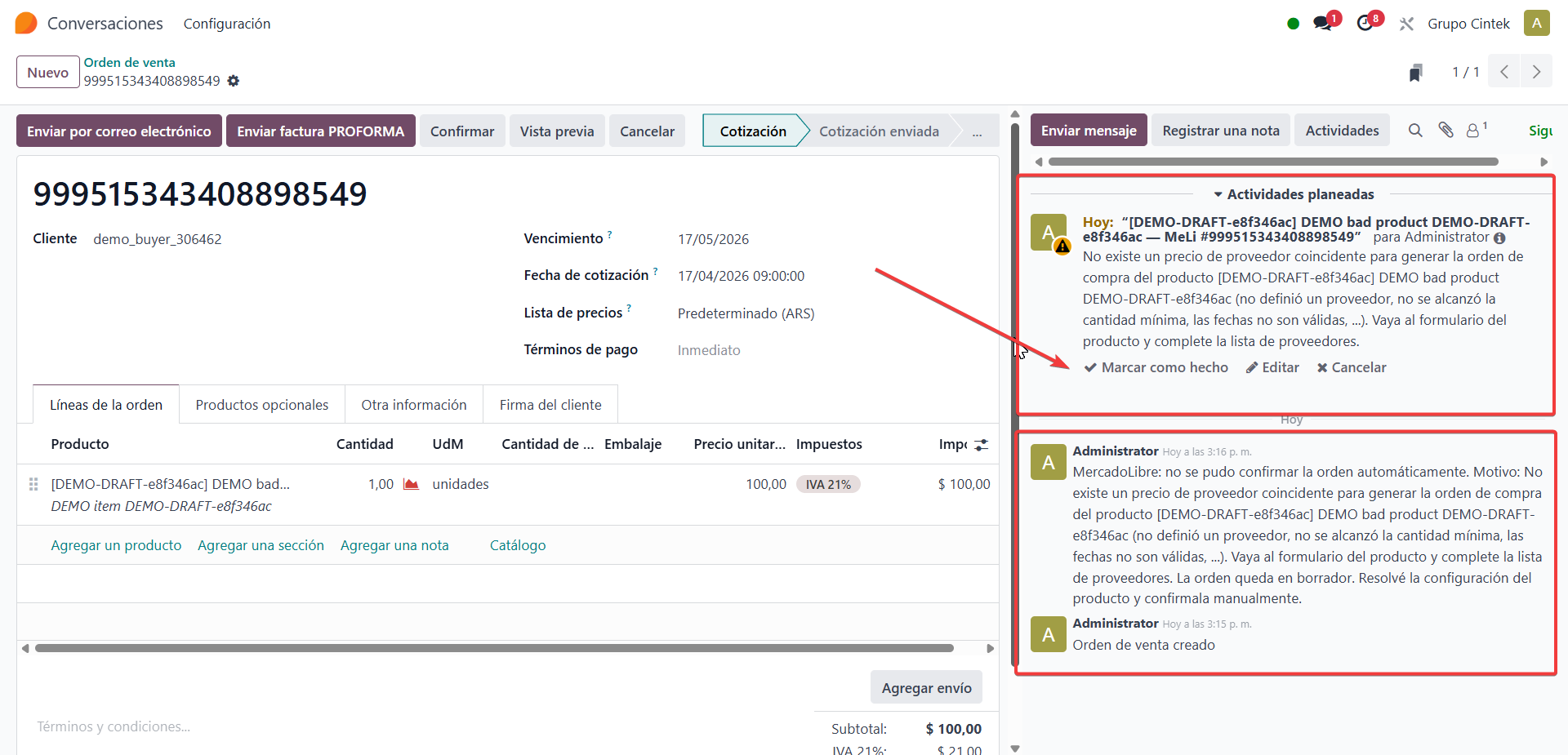 Orden en borrador con actividad y mensaje del error