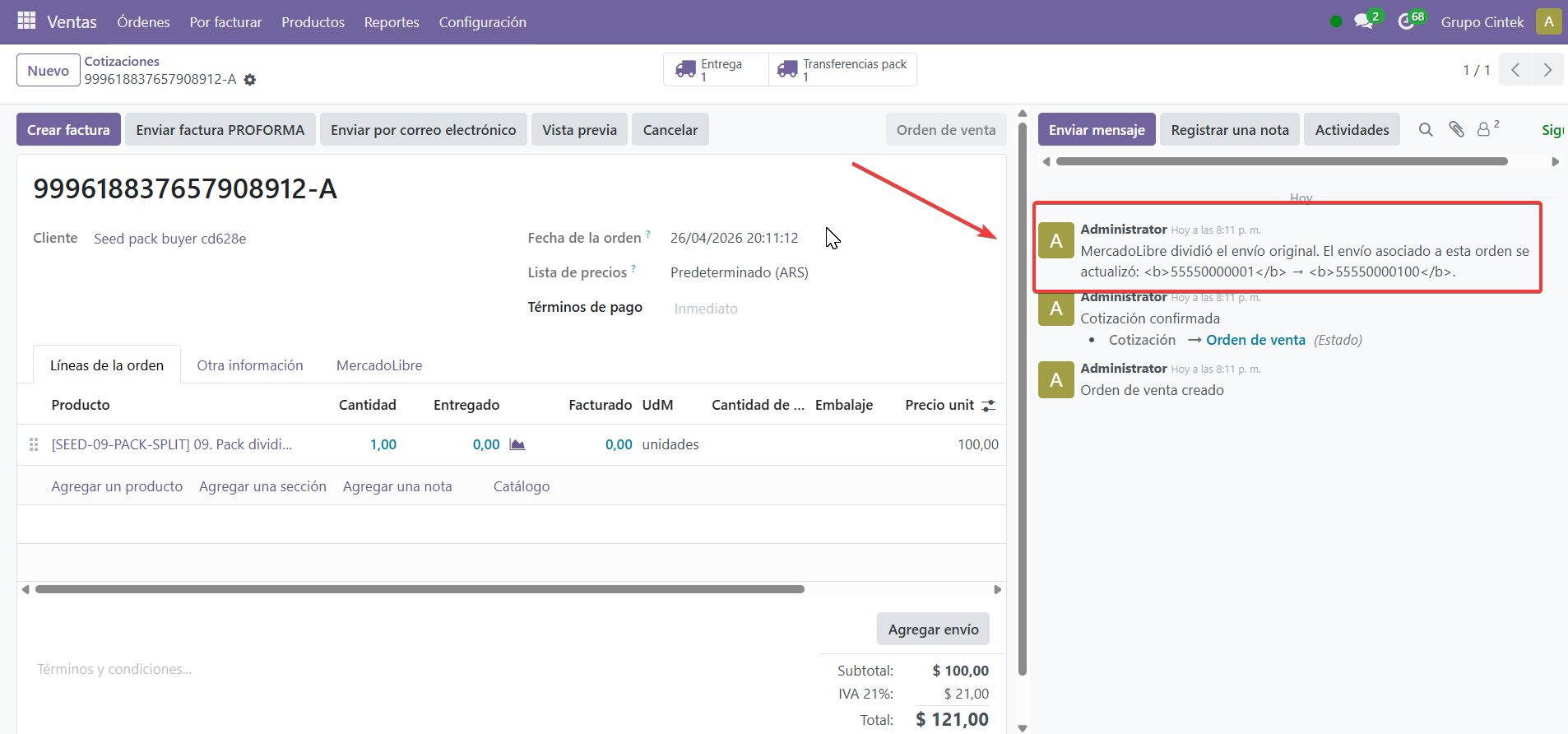 Nota en el chatter de la orden registrando la división del envío